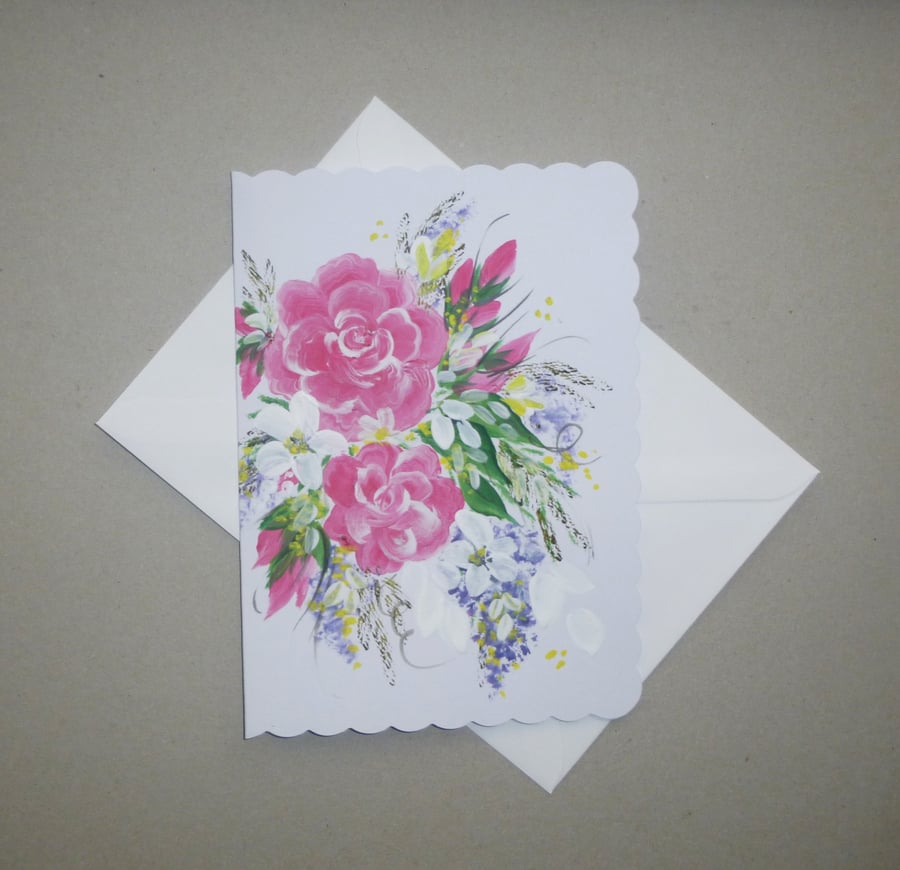 original art hand painted floral blank greetings card ( ref F 746 C3 )