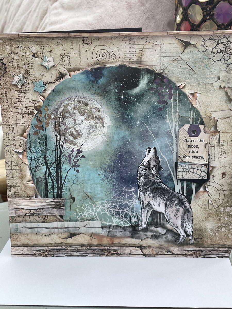 Wolf howling at a full moon Chase the moon and ride the stars card