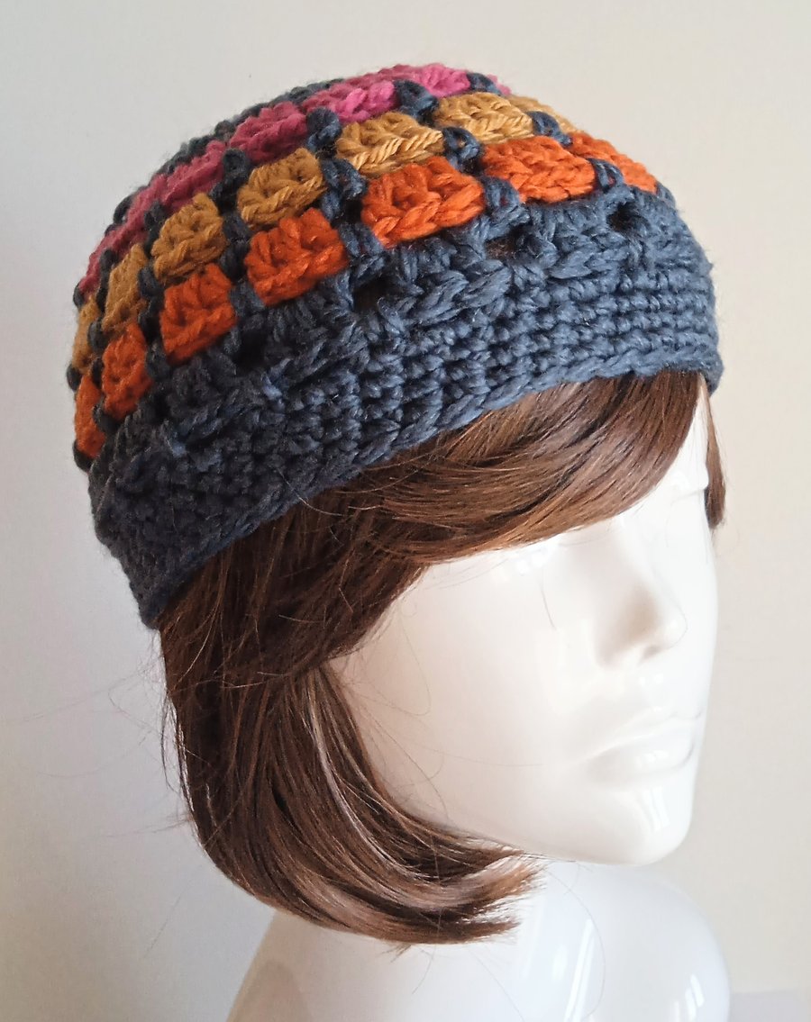 Chunky Crochet Beanie in Petrol Blue with Multi Coloured Trim 