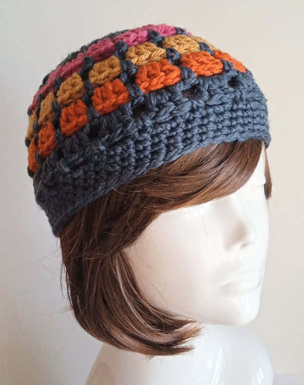 Chunky Crochet Beanie in Petrol Blue with Multi Coloured Trim 