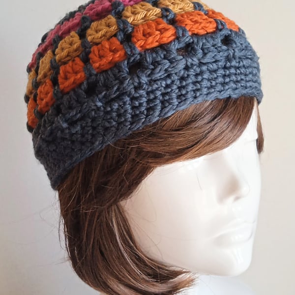 Chunky Crochet Beanie in Petrol Blue with Multi Coloured Trim 