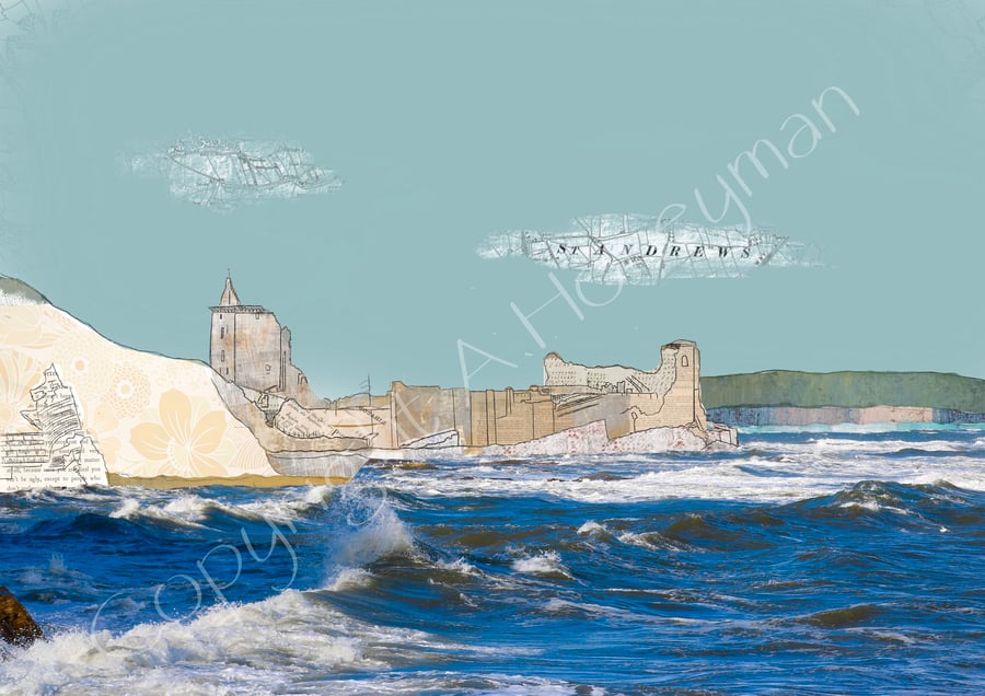 St Andrews Castle Mixed Media Art Print (blue)