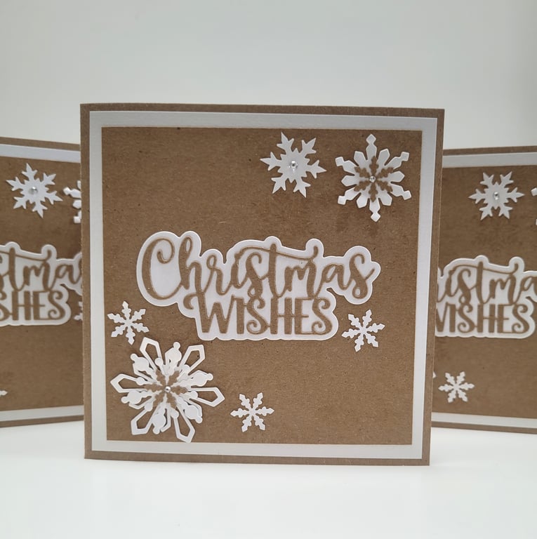 Set of 4 Snowflake Christmas Wishes Handmade Cards - Kraft & Pearlised White