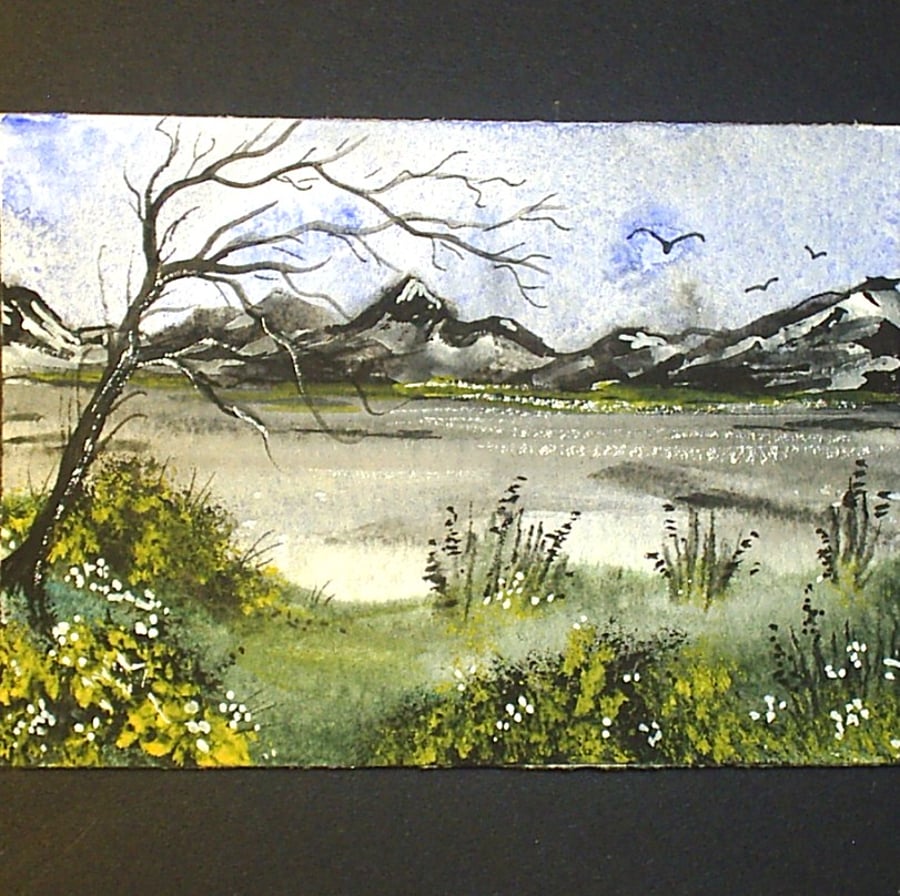 aceo SFA original watercolour painting landscape Mountain lake