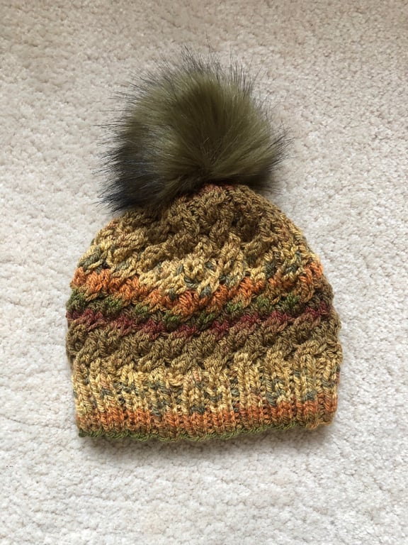 Cabled, Hand Knitted Hat 3 with removable pom pom (Aran) - Small