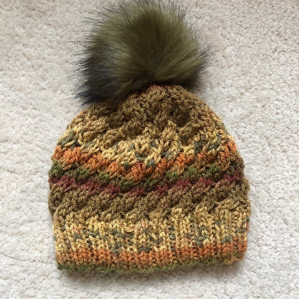 Cabled, Hand Knitted Hat 3 with removable pom pom (Aran) - Small