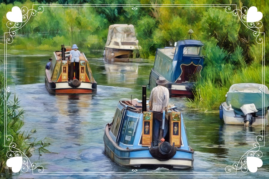 Two Narrow Boats on The Fens A5 Greeting Card Norfolk 