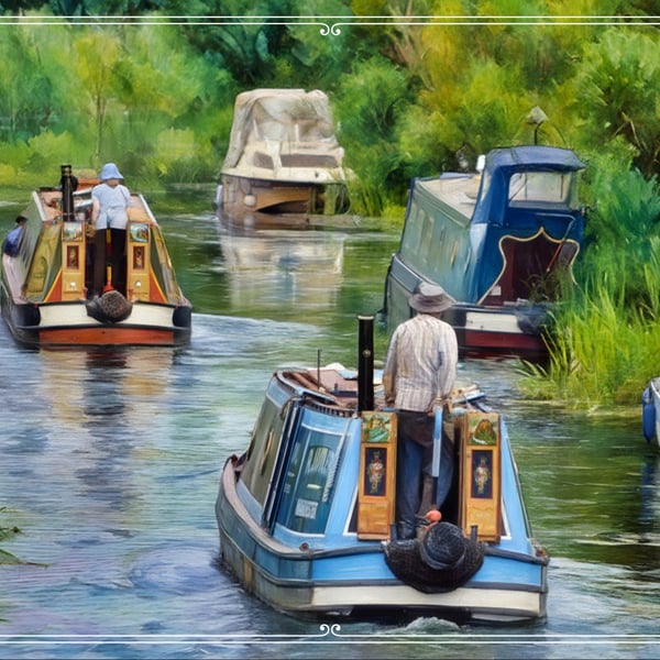 Two Narrow Boats on The Fens A5 Greeting Card Norfolk 