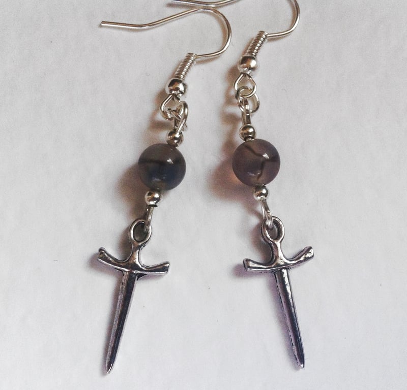 Dragon's Vein Agate Athame Dagger Gothic Dangle Earrings