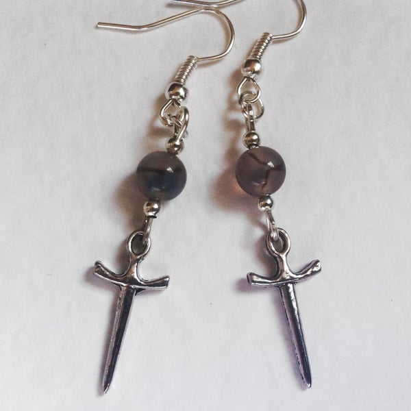 Dragon's Vein Agate Athame Dagger Gothic Dangle Earrings