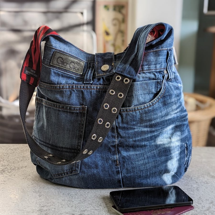 Recycled Denim Shoulder Hobo Bag with Striped L... - Folksy