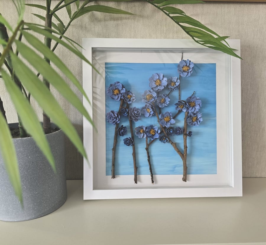Handcrafted Pine Cone Flower Wall Art - Frost Bloom No. 1 - Blue Botanical Shado