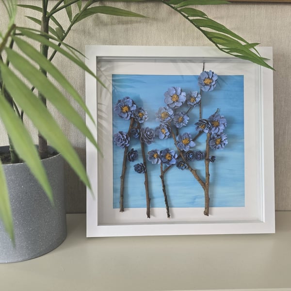Handcrafted Pine Cone Flower Wall Art - Frost Bloom No. 1 - Blue Botanical Shado