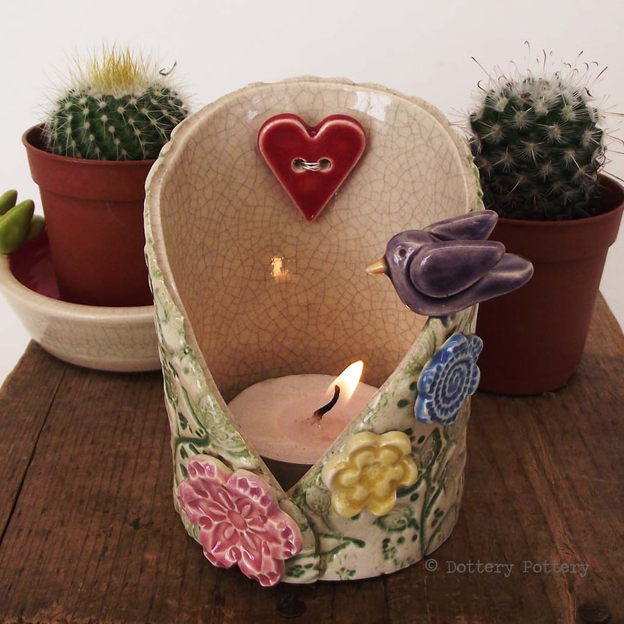 Bright flowers pottery bird candle holder ceramic dish trinket pot