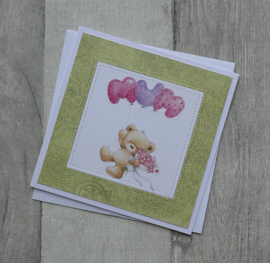 Cute Teddy with Bouquet and Mum Balloons - Birthday or Mother's Day Card