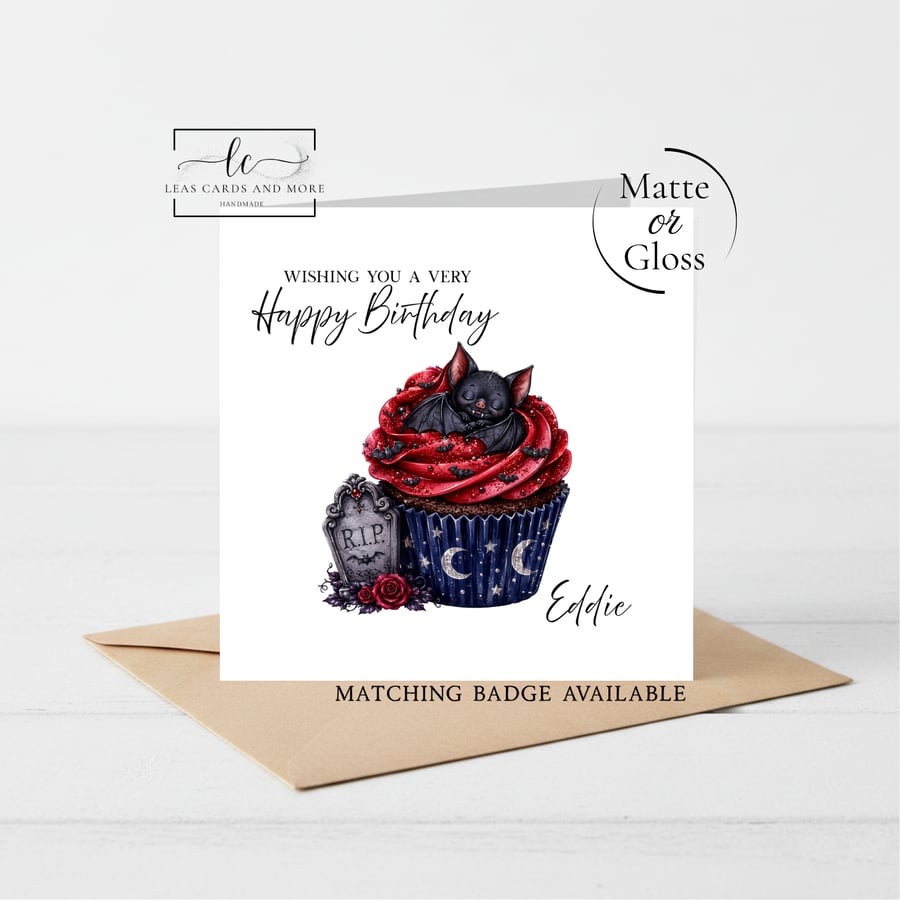 Gothic Bat Cupcake Happy Birthday Card