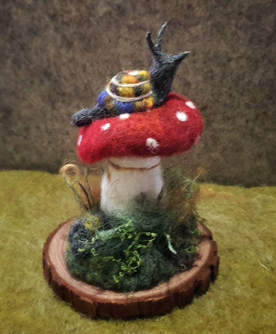 Needlefelted hand crafted Mushroom & Snail Decor – Forest Floor Miniature