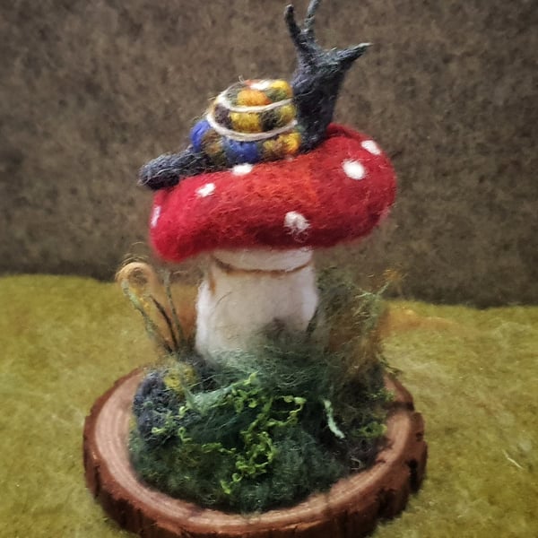 Needlefelted hand crafted Mushroom & Snail Decor – Forest Floor Miniature