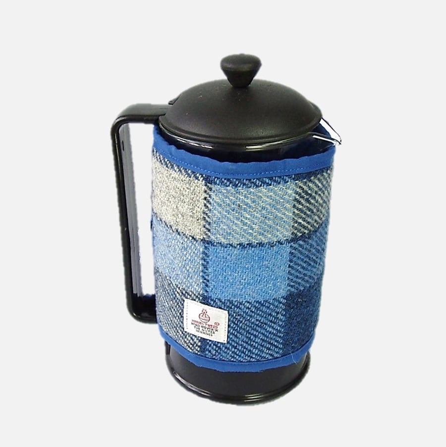 Harris Tweed cafetiere cover, coffee cosy, blue and white wool fabric cozy