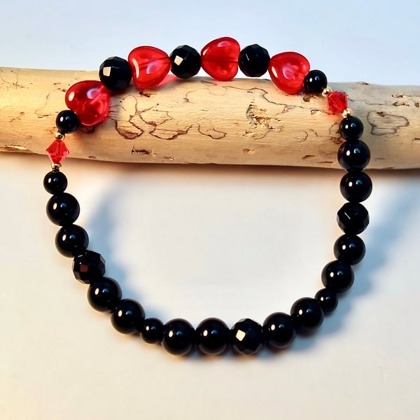 Red Glass Heart And Black Onyx Bracelet - Handmade In Devon
