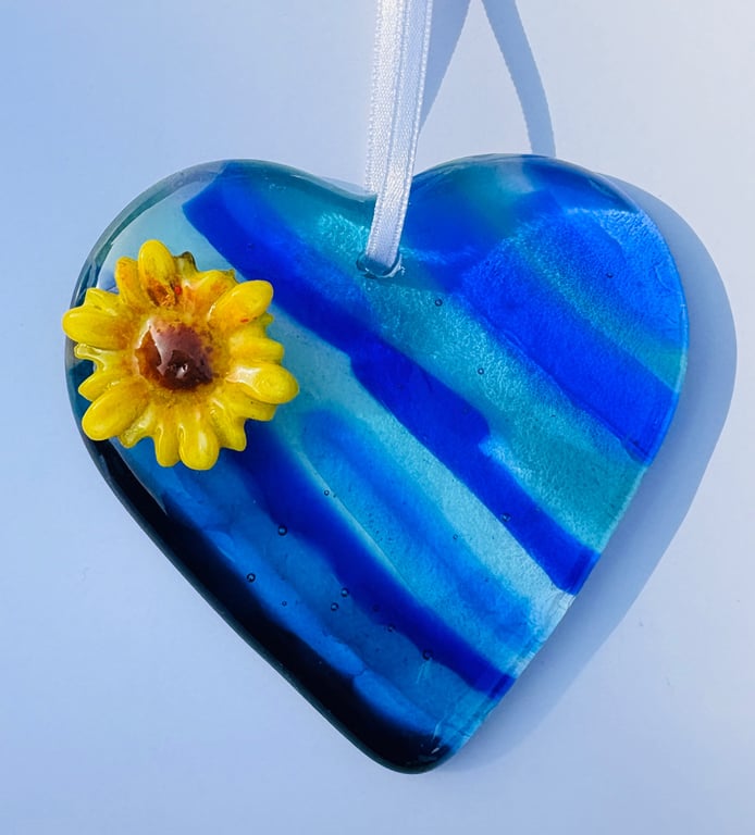 Fused glass blue hanging heart with sunflower