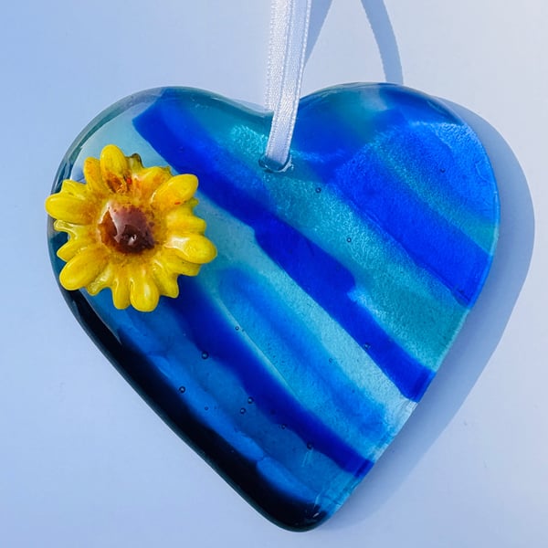 Fused glass blue hanging heart with sunflower