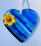 Fused glass blue hanging heart with sunflower