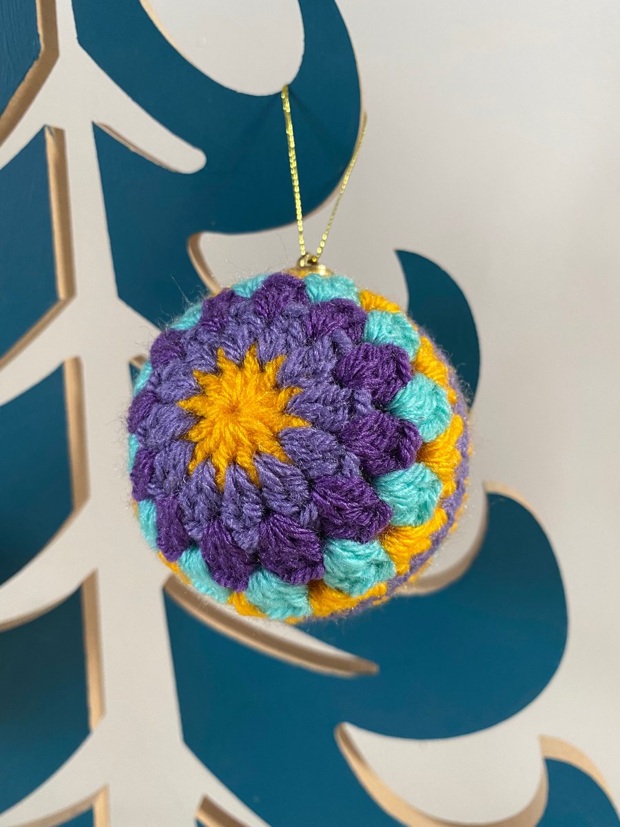 Set of 3 crochet Christmas baubles - purple and yellow