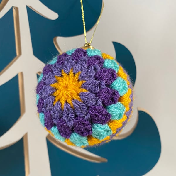 Set of 3 crochet Christmas baubles - purple and yellow