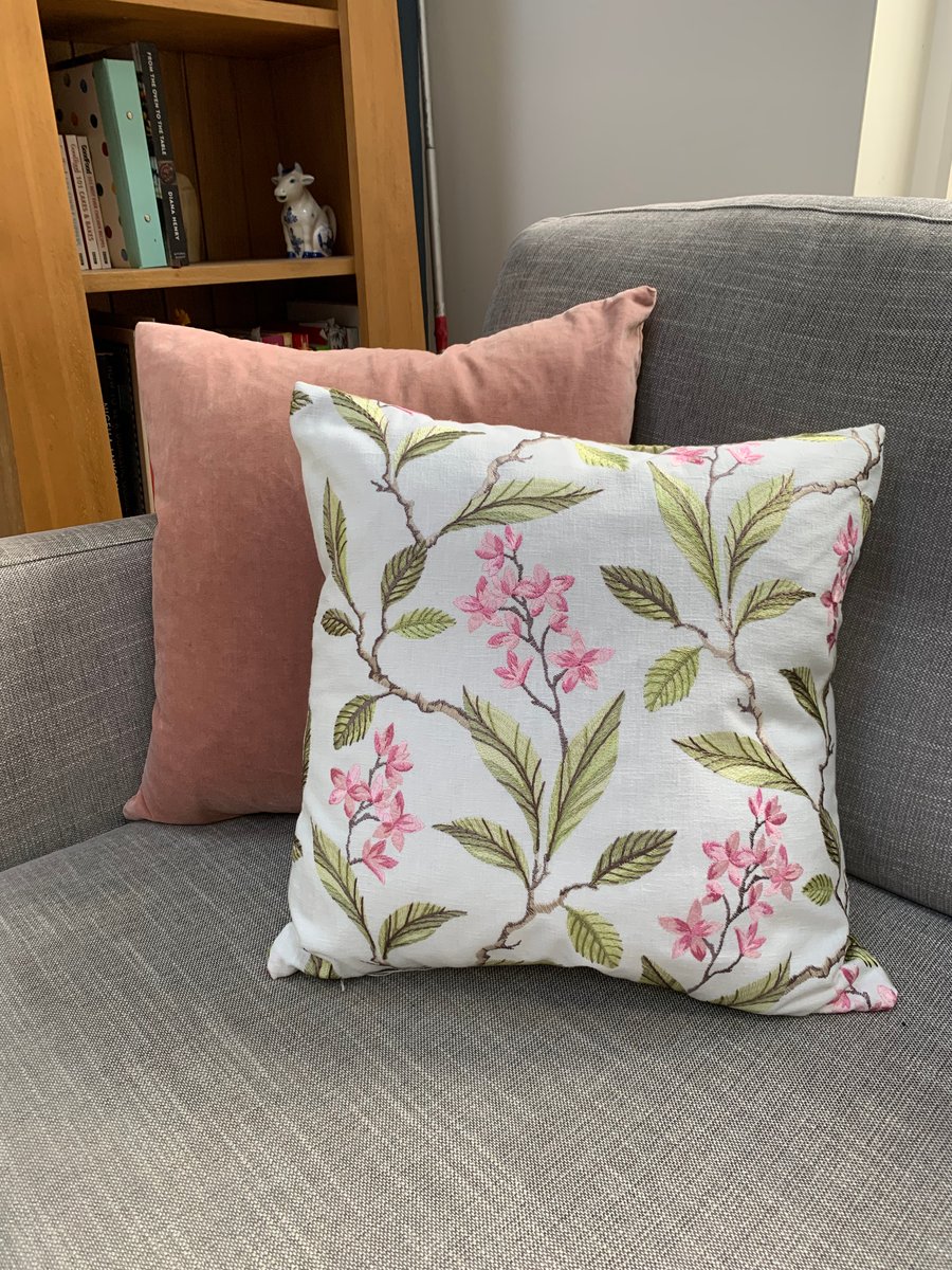 Spring blossom embroidered linen cushion cover