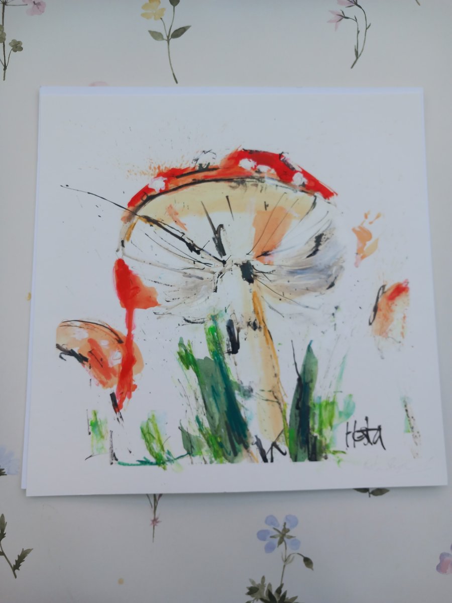 Toadstool in ink, original art .embellished print .autumn themed 