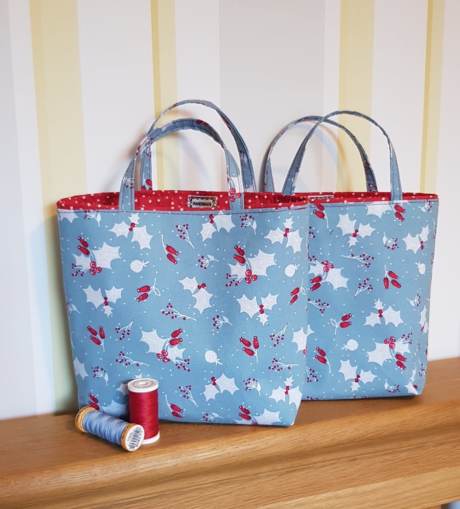 Christmas fabric gift bag: holly and berries on blue 