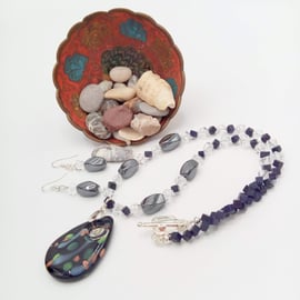 Beautiful Bundle, Glass Pendant on a Haematite and Crystal Necklace & Earrings