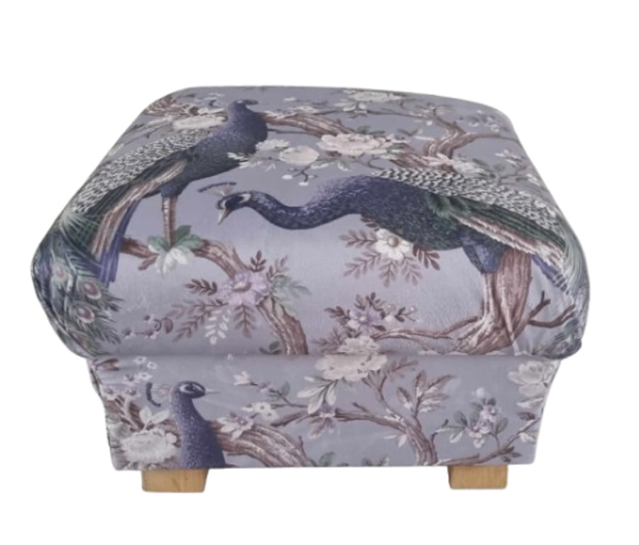 Laura Ashley Belvedere Pale Iris Velvet Fabric Storage Footstool Pouffe Peacocks