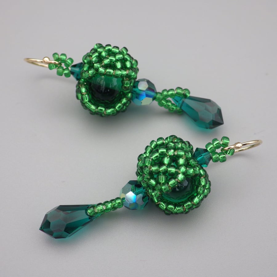 Emerald green beadwoven lampwork glass and Swarovski crystal earrings