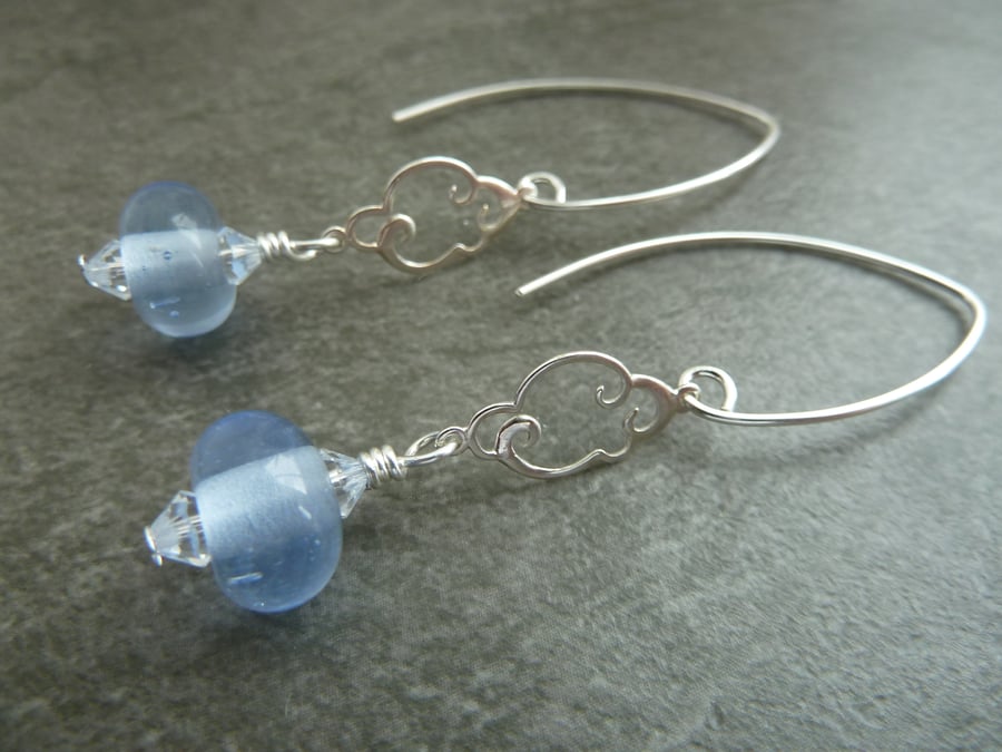 sterling silver cloud, blue lampwork glass earrings