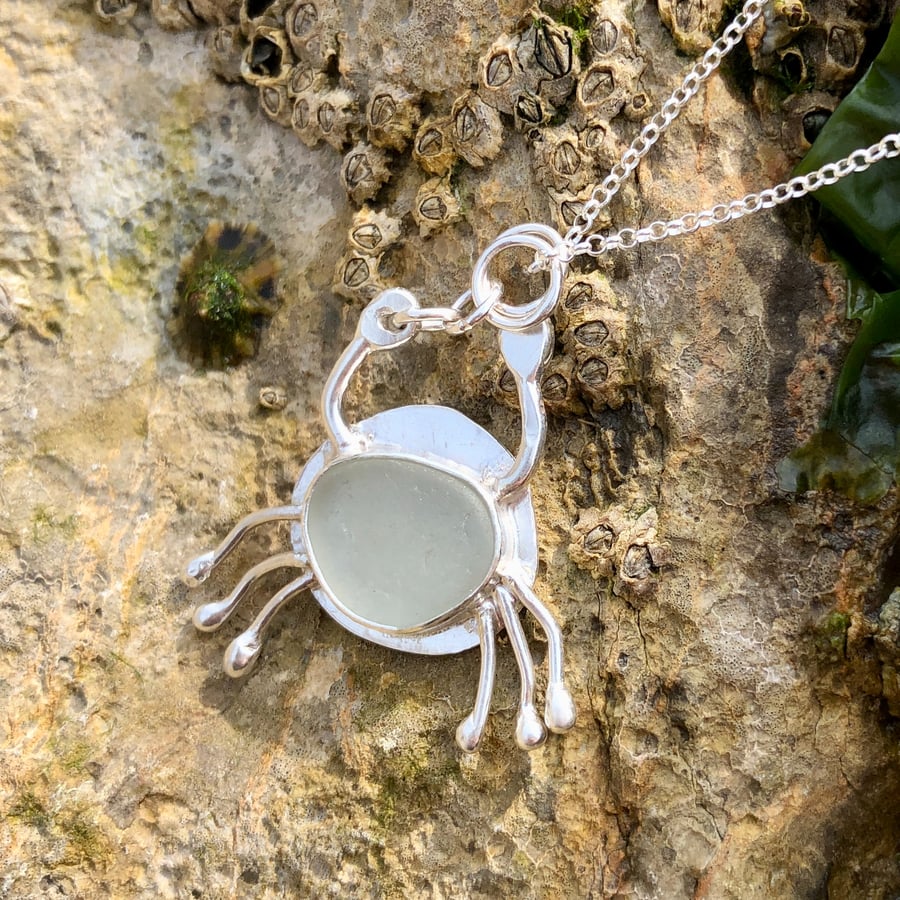 Frosty White Sea Glass & Sterling Silver Crab Pendant Necklace - 1024