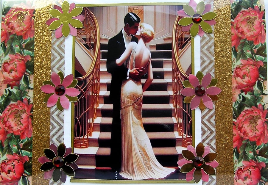Art Deco Style Couple - Hand Crafted Decoupage Greeting Card - Blank 3194