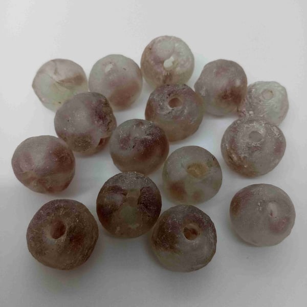 15 African round beads of recycled glass 13 - 15 mm, clear mottled with brown