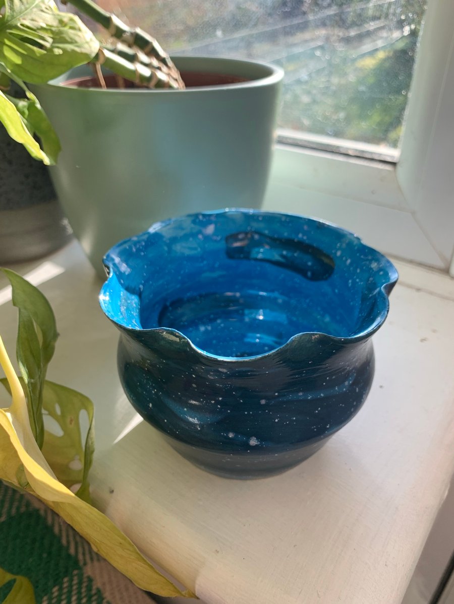 Wheel-Thrown Blue Speckled Pot with wobbly rim