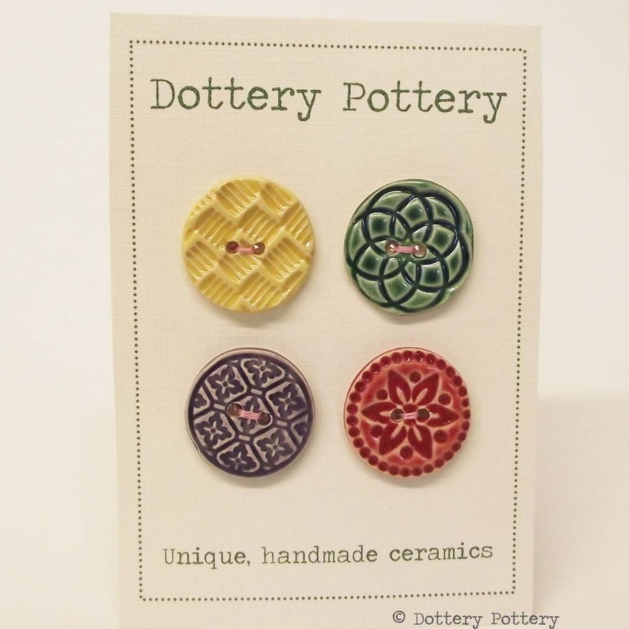 Pottery buttons Set of four large handmade ceramic buttons bright colours 