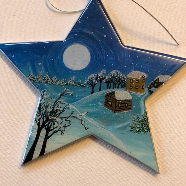  Star ornament, decoration, winter night, village