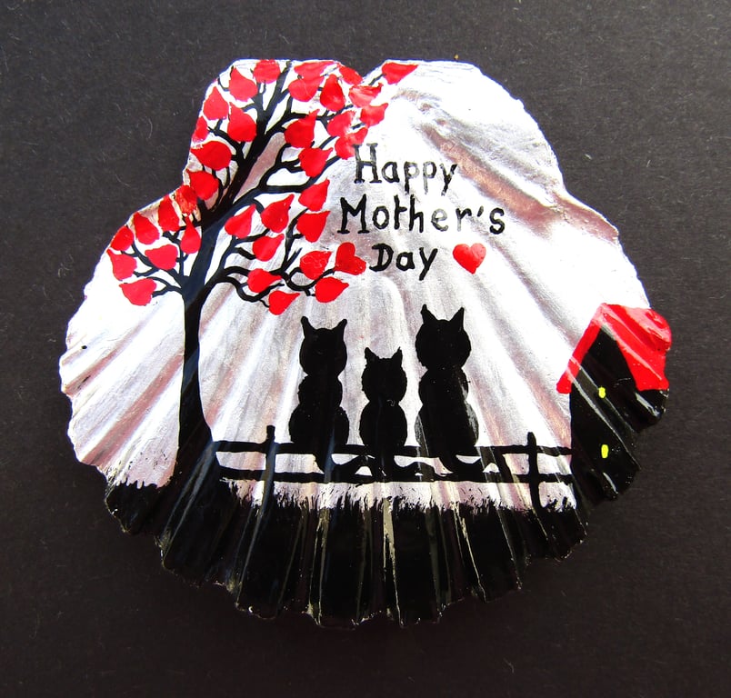 Mothers Day Cat Gift, Painted Shell, Three Black Cats Hearts Tree Art Painting