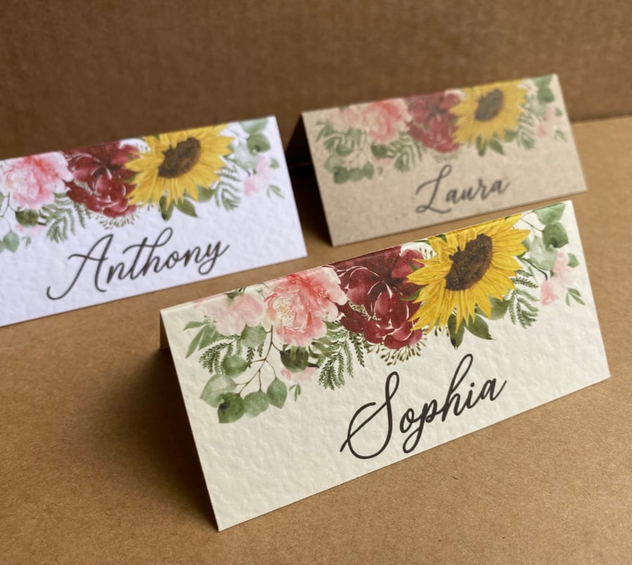 6x name place CARDS rustic SUNFLOWER burgundy flower table foliage wedding decor