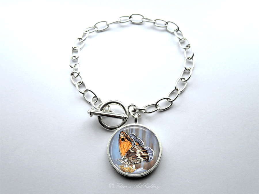 Silver Plated Butterfly Art Large Link Charm Bracelet With Toggle