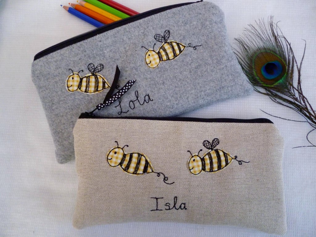 Personalised Bee Makeup Bag- Cosmetic Brush Pouch in Oatmeal Linen or Grey Wool 