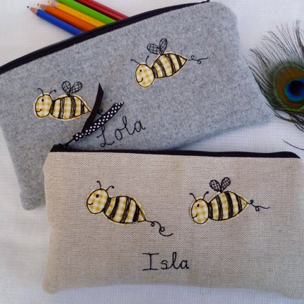 Personalised Bee Makeup Bag- Cosmetic Brush Pouch in Oatmeal Linen or Grey Wool 