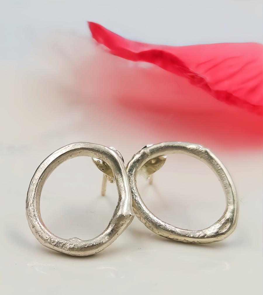 Sterling Silver Organic Circle Stud Earrings - Molten Textured Minimalist Studs
