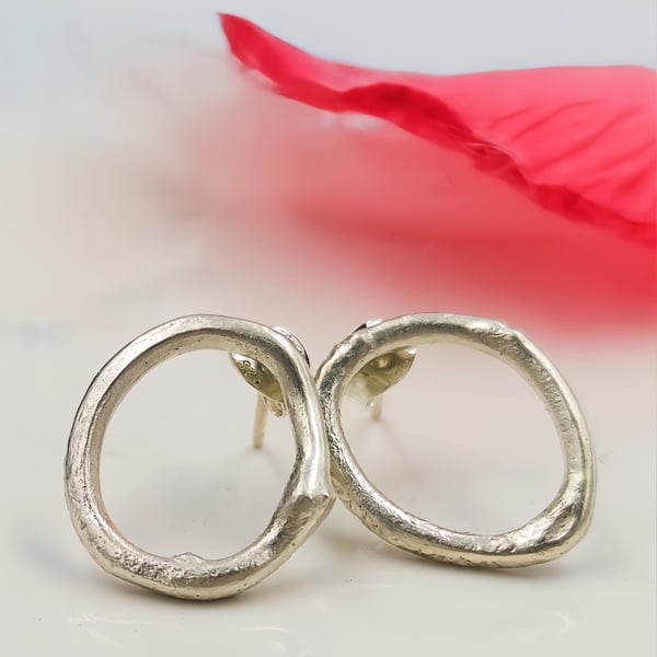 Sterling Silver Organic Circle Stud Earrings - Molten Textured Minimalist Studs