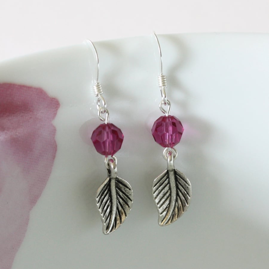 Swarovski Crystal leaf earrings - Dark Pink